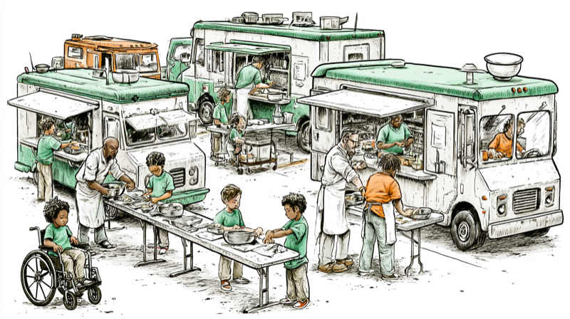 A pencil drawing of diverse elementary-age children working a food-truck line, prepping and cooking alongside adults