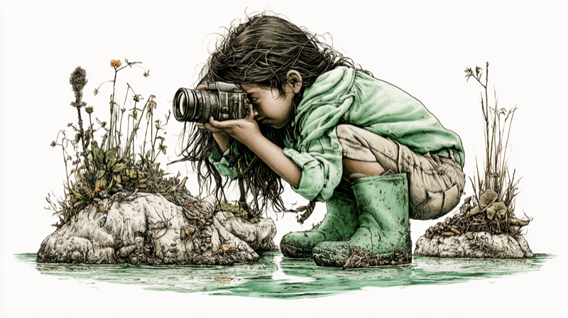A pencil drawing of a young girl in rain boots crouched on a small island, photographing something at the water's edge