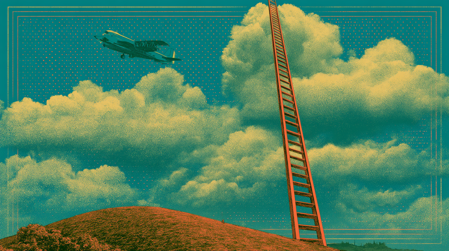 A single impossibly tall ladder rising into empty sky