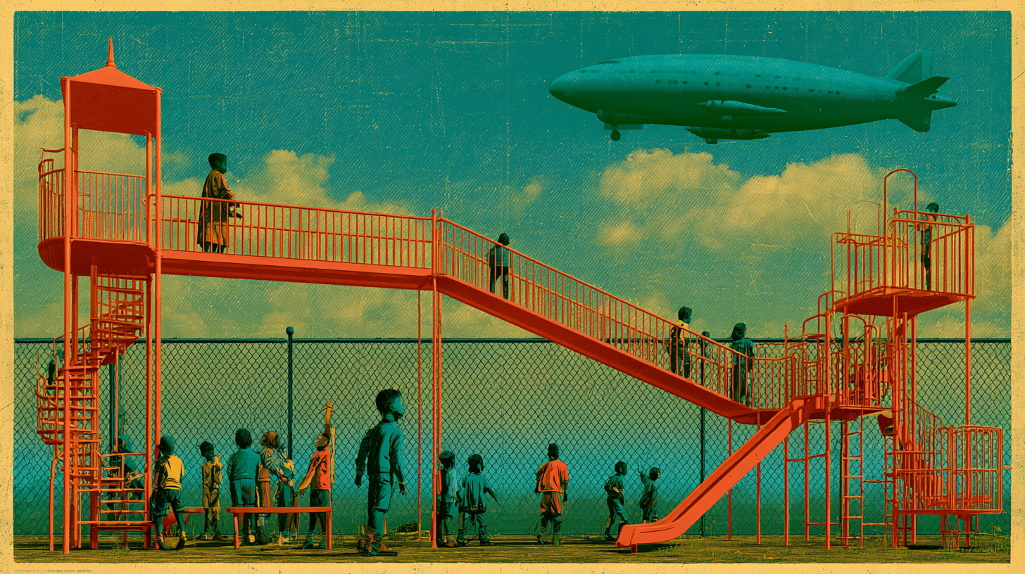 A large group of diverse young children playing outdoors