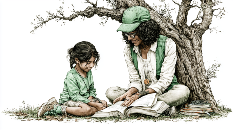 A pencil drawing of a young girl reading a book under a tree alongside an adult tutor