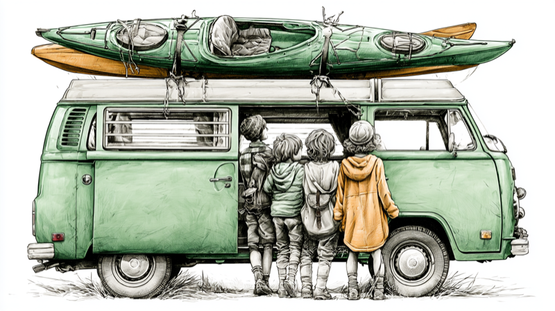 A pencil drawing of a group of kids standing beside a green camper van with kayaks strapped to the roof