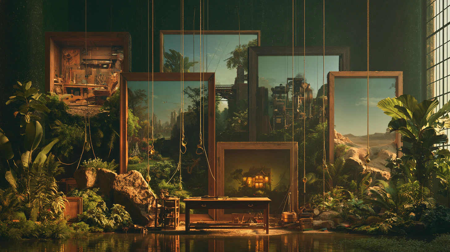 Many framed windows suspended on cords above a single workbench, each opening onto a different landscape.