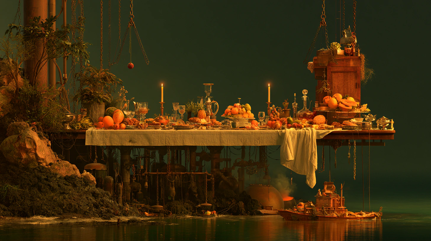 A long banquet table heavy with fruit and candlelight, raised on a platform above a small boat working the dark water below.