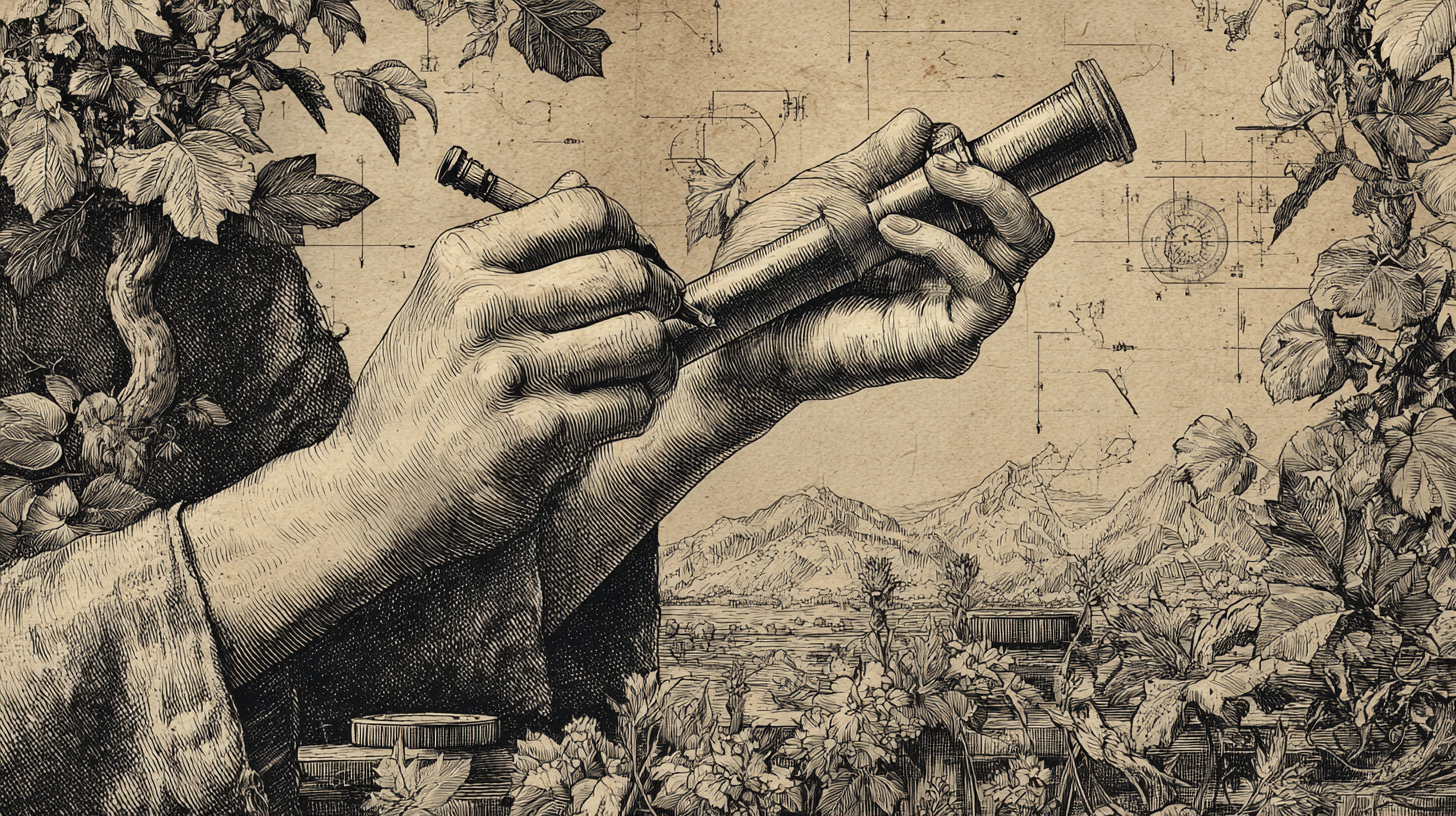 Hand-drawn illustration of hands holding a grafting tool amid climbing vines — a metaphor for humans as gardeners shaping living systems