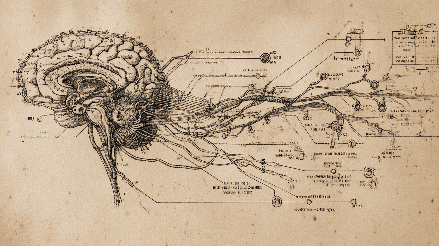 Hand-drawn illustration of a brain and nervous system extending into a network of nodes — a metaphor for software that senses its environment