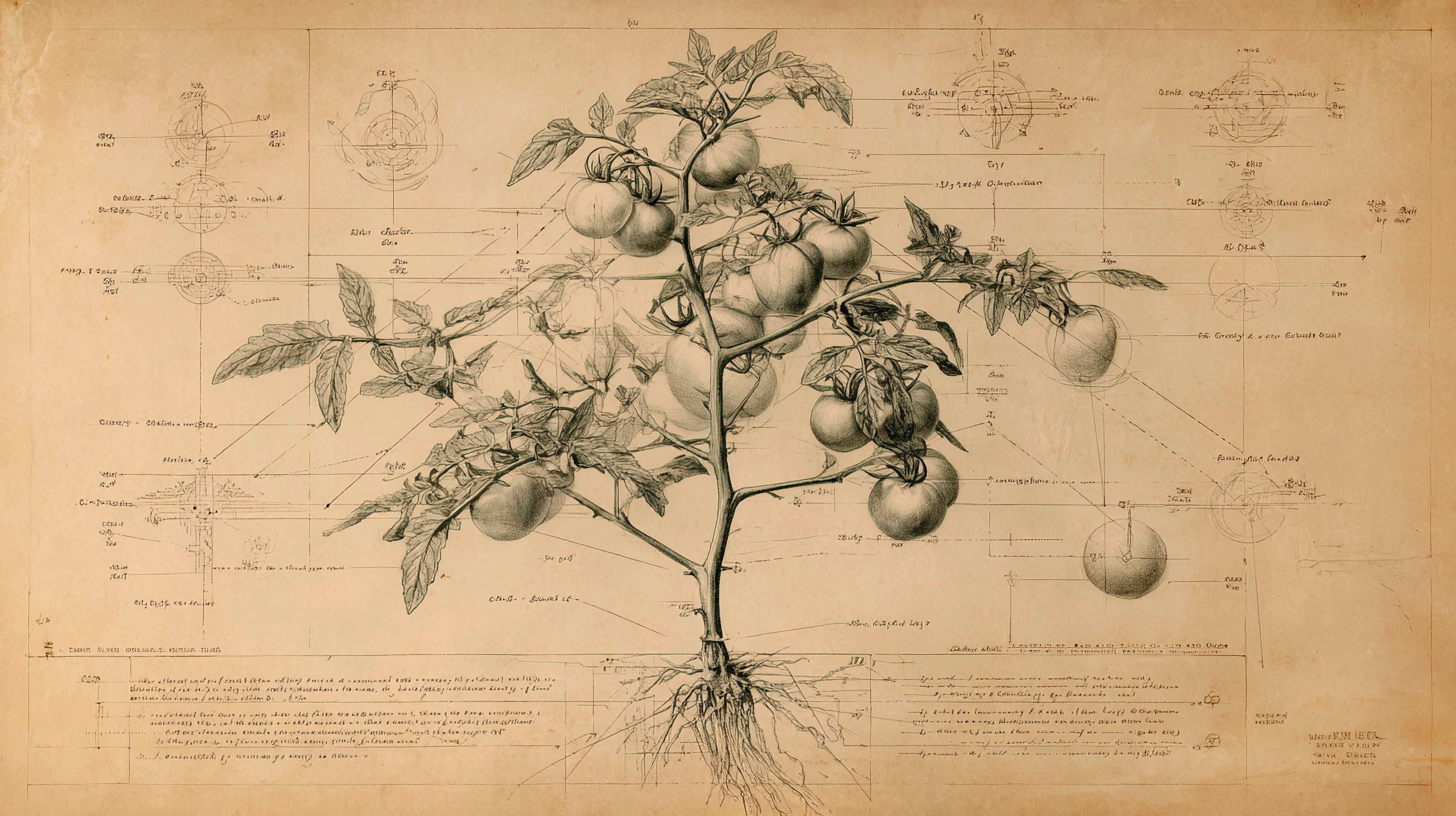 Hand-drawn botanical illustration of a tomato plant with detailed annotations — a metaphor for software whose form emerges from encoded rules interacting with its environment