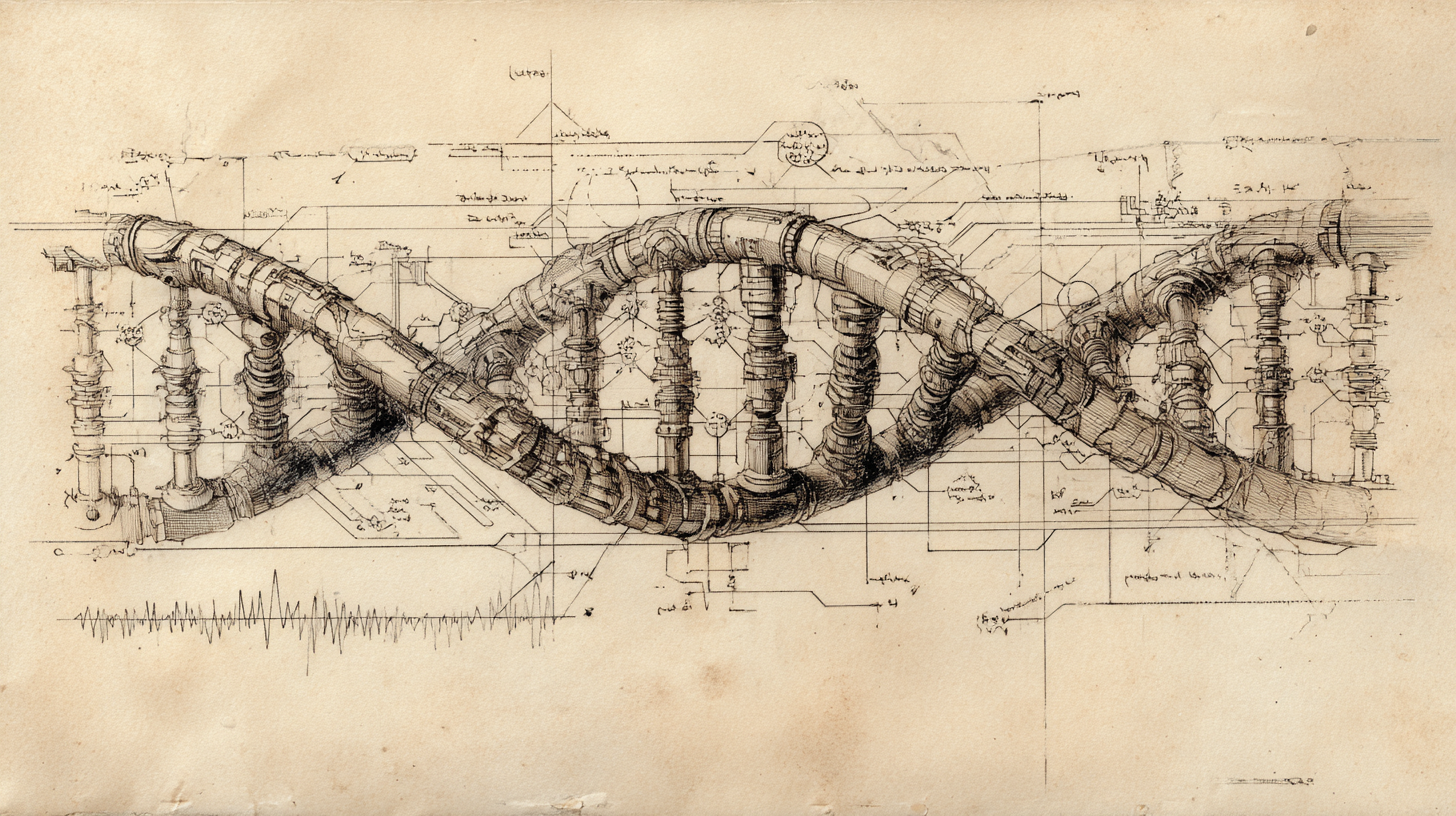 Hand-drawn illustration of a spiraling double helix made of industrial pipes — a metaphor for two intertwined systems forming one continuous loop